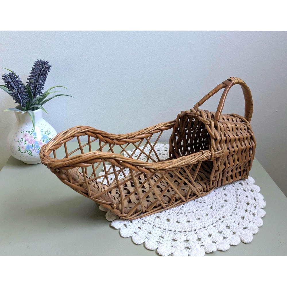 Vintage Wicker Basket Cradle Boho Rattan Wine Holder Rustic Cottage Decor